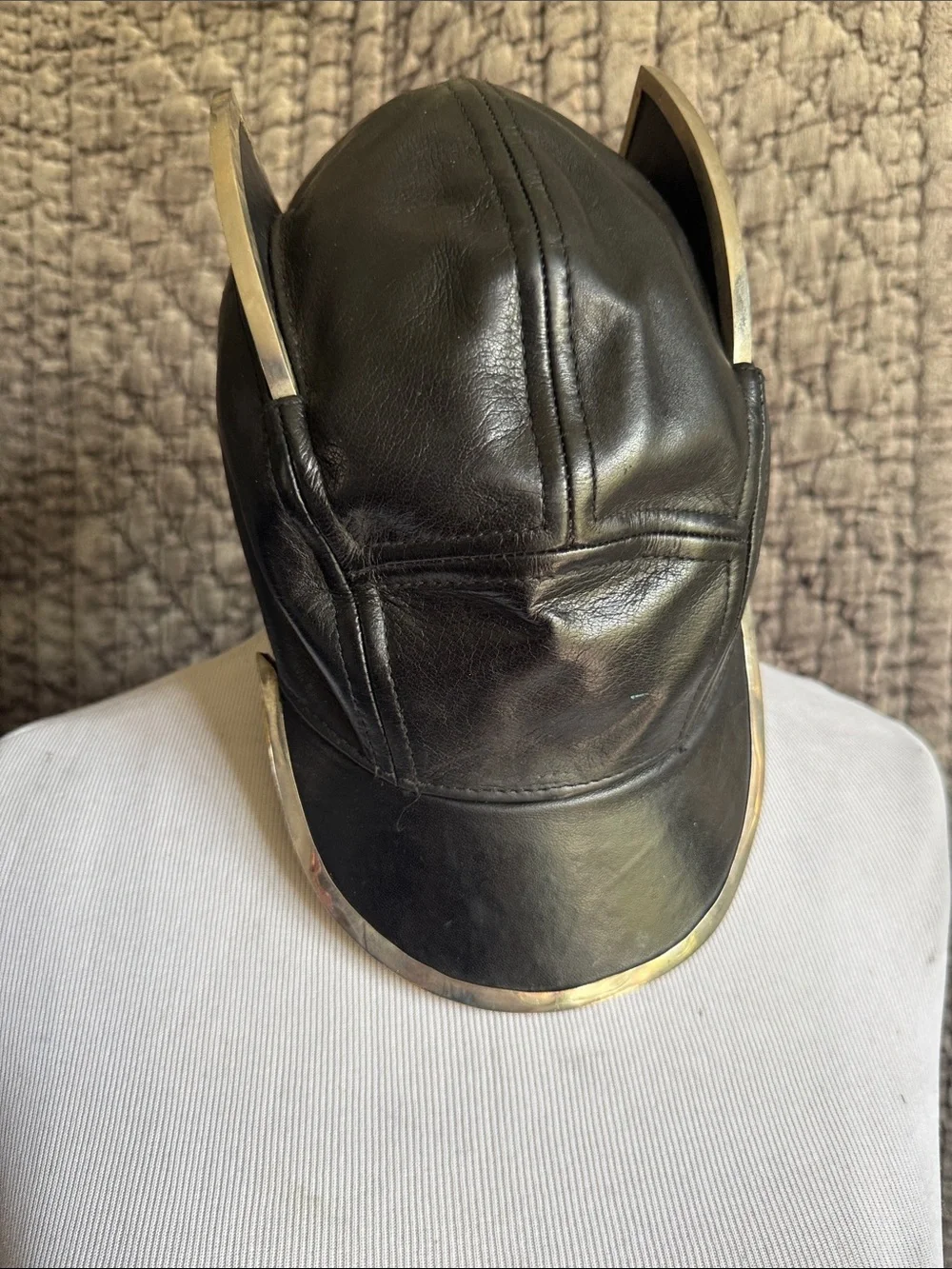 Black Leather Men’s Cap with Silver Tone Trim and Metal Angel Wings